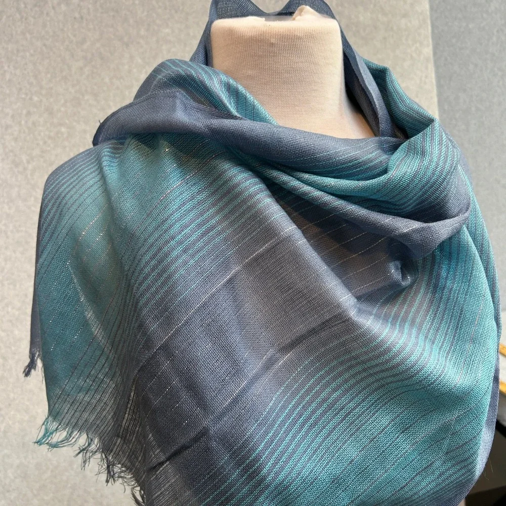 Blue Teal Metallic Silver Stripe‎ Scarf Shawl Fringe 76